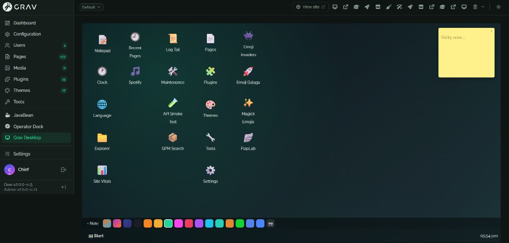 Mambo Desktop — full icon grid, preset strip, and sticky note